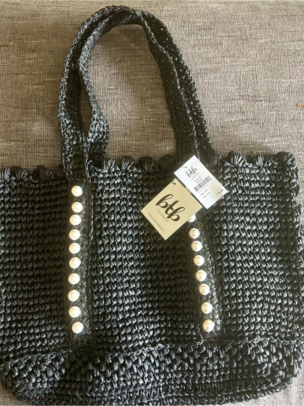 NWT BTB Black Woven Tote with Pearl-Trim
